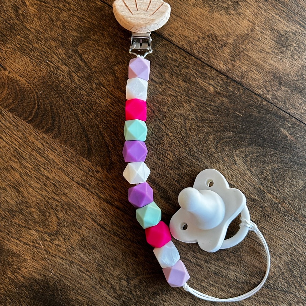 Colorful Beaded Pacifier Clip with Wooden Clip